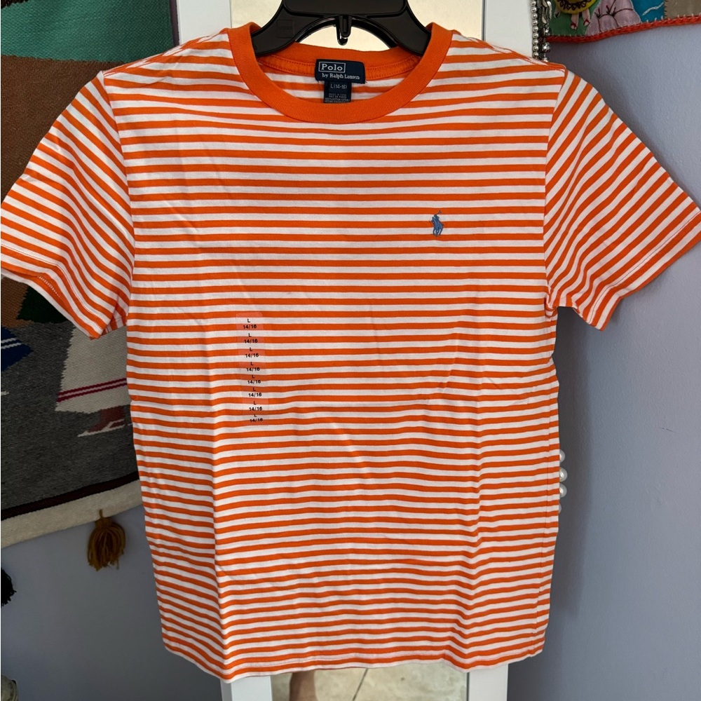 Ralph Lauren, short sleeve T-shirt, orange and white stripe size 14/16 boys nwt